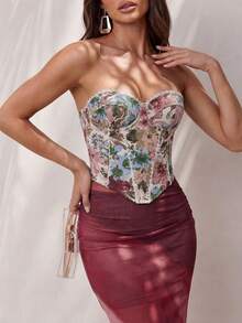 Glamine 性感浪漫提花拼接花卉饰边钢圈抹胸上衣（女款） - 彩色 - 查看 8