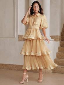 Anewsta Robe de vacances, chemise à manches pétales d'été col chemisier jupe plissée gâteau, robe longue kaki à ourlet volumineux fortement ornée col plissé bouffant gâteau - Kaki - Voir 4