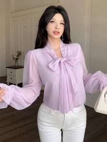 Modelyn 法式优雅缎带装饰长袖衬衫，修身显瘦，秋季粉色 - 玫紅色 - 查看 2