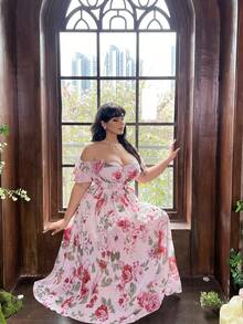 Lyrianda Plus Size Women's French Elegant Floral Print Sweet Off-Shoulder Dress - Pink - View 6