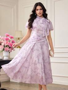 Modelyn Đầm xòe in họa tiết, xếp ly, thắt eo dành cho nữ - Màu tím hoa cà - Xem 3