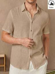 Manfinity VCAY Cămașă casual bărbați din material țesut, cu mânecă scurtă, pentru vacanță, cadou de Ziua Tatălui