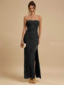 SHEIN BAE Đầm vàng không tay, chất liệu có họa tiết, kiểu dáng tối giản, thanh lịch, thích hợp cho bữa ăn trưa, dự đám cưới, tiệc cocktail, hoặc đi nghỉ mát ở bãi biển. - màu đen - Xem 10