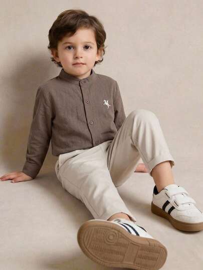 PrepCrw 2pcs/Set Boys' Collegiate Style Logo Embroidered Collar Long Sleeve Shirt And Long Pants Outfit