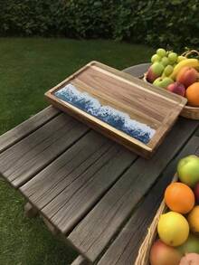 1pc Acacia Wood Food Tray Wave Shape Resin Rectangular Japanese Tea Tray Bread Fruit Dinner Dim Plate - Multicolor - View 5