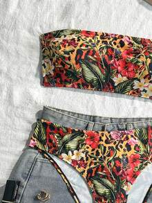 SHEIN Swim Vcay Set de 2 piezas Bikini sin tirantes con estampado de leopardo de patrones aleatorios, adecuado para vacaciones de verano en la playa - Multicolor - Ver 7