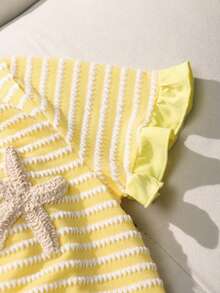 SHEIN Set de 2 piezas para niñas (talla grande) - Conjunto de camiseta, diseño europeo lindo con rayas de punto, decoración de estrella de mar, volantes en el bajo, cuello redondo, manga corta y pantalones cortos sueltos, adecuado para salidas diarias, fiestas y actividades al aire libre en verano - Amarillo - Ver 8