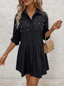 RueChic Pearls Beaded Ruffle Hem Smock Dress Teachers' Day Office Brunch Black Autumn Casual - Black - View 4