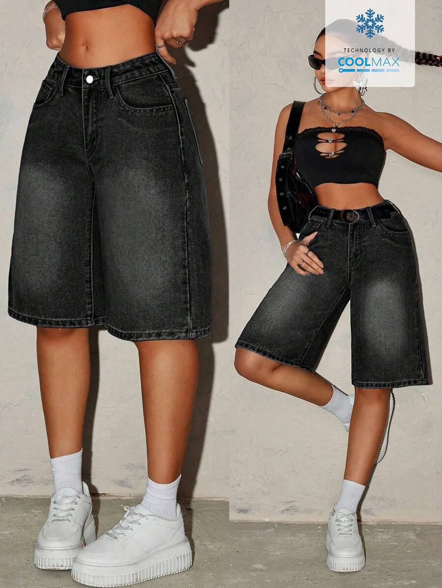 SHEIN Tall 女士休闲日常口袋纽扣牛仔短裤 - 黑色 - 查看 1