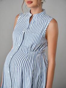 Momance Đầm sơ mi không tay kẻ sọc, eo chun, phong cách tối giản mùa hè - Xanh và trắng - Xem 7