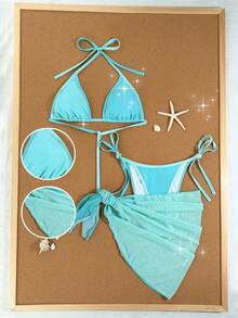 Swim Mod 2026春夏款吊带蓝色渐变露背系带丁字裤比基尼套装，侧边随机渐变网纱开口，适合海滩摄影 - 藍色 - 查看 4