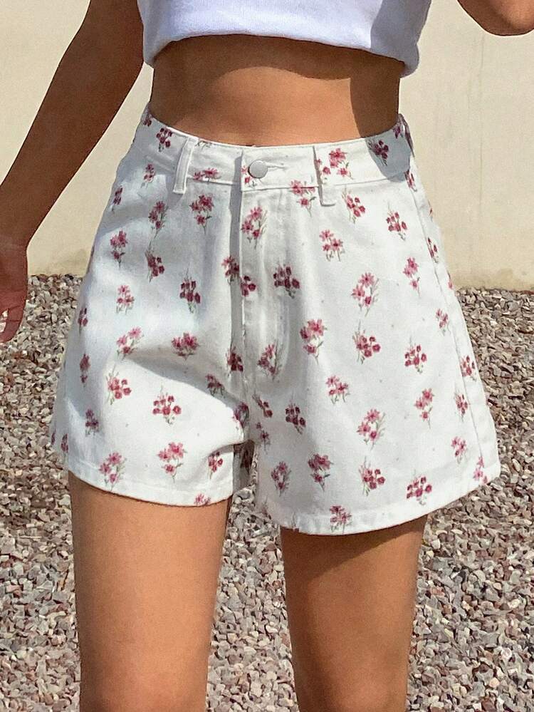 Spring & Summer Romantic Ditsy Floral Loose A-Line Straight White Casual Denim Shorts For Women