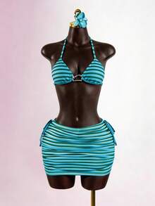 SaltGleam Women's Fashion Bodycon Drawstring Striped Blue-Green Mini Skirt, Suitable For Vacation, Daily Wear, Travel, Beach, Hot Spring, Sexy - Multicolor - View 7