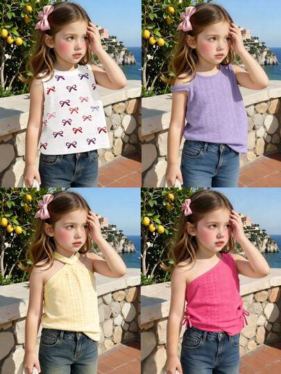 1. Sleeveless Hollow-Out Top For Girls, Casual Summer Style, Sweet And Cool: Ivory Criss-Cross Halter Neck, Delicate Hollow-Out Texture, Minimalist Yet Stylish Design; Bright Pink Single Shoulder, Side Tie Adjustable, Sweet And Spicy For Party Outfits; White Base With Purple Butterfly Print, Fresh And Cute; Lavender Diamond Hollow-Out, Round Neck + Cold Shoulder Design, Gentle Yet Playful