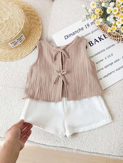 SHEIN LMoss Kids Babygirl Cute Summer Casual Versatile Bow Tie Camisole