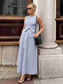 MaterniWear Maternity Striped Twist Waist Casual Vacation Dress - Blue - View 3