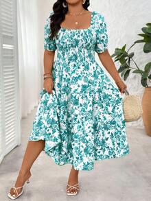 SHEIN Clasi 大码女式方领休闲度假夏季连衣裙 - 綠色 - 查看 1