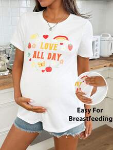 SHEIN Maternity Casual Letter Print Nursing T-Shirt, Summer Summer Outfits Cute Shirt T Shirt For Women Casual - White - View 4