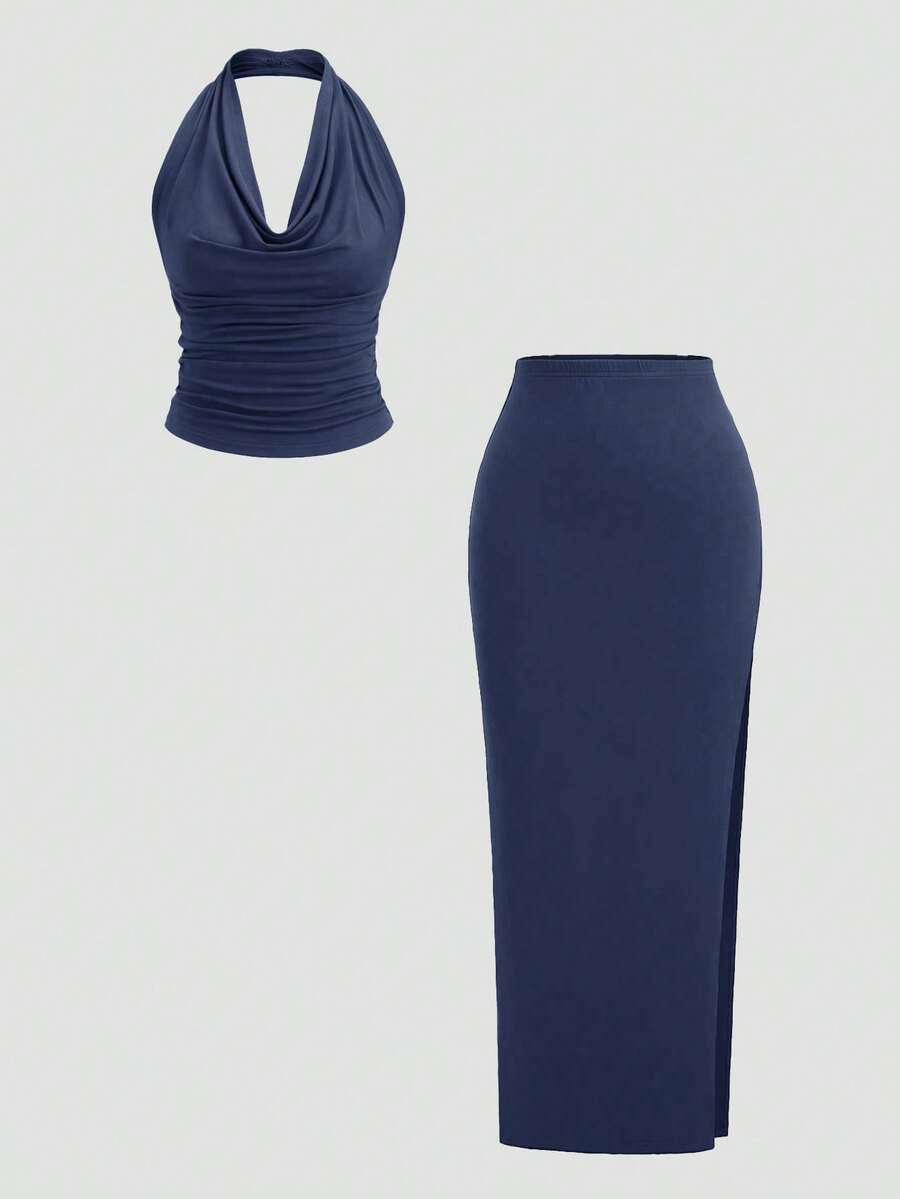 Sweetra Plunging Neck Backless Halter Top And Side Slit Skirt Set - Navy Blue - View 1