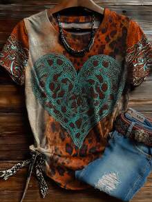 EMERY ROSE Tricou Plus Size Western Turquoise Heart Print Leopard, Tricou Grafic Drăguț Cowgirl, Top Retro Country Concert, Bluză Vintage Casual de Vară, Cadou de Ziua Mamei, Haine pentru Femei cu Forme, Îmbrăcăminte Boho Chic pentru Femei, Tricou Leopard cu Imprimeu de Grădină Zoologică - Multicolor - Vizualizare 1