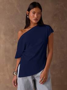 SHEIN BAE Camiseta casual de mujer de unicolor con hombro asimétrico y manga corta - Azul Marino - Ver 4