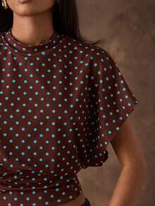 SHEIN BAE Áo thun nữ kiểu dáng thường ngày, tay cánh dơi, thắt eo, họa tiết chấm bi, thích hợp cho mùa hè. - Màu nâu Sô-cô-la - Xem 3