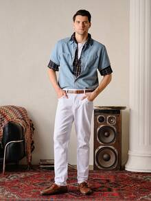 VeloEdit 男士棉质口袋贴布牛仔衬衫（不含 T 恤），街头潮流必备单品 - 淺色水洗藍 - 查看 3