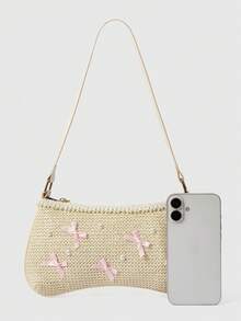 ROMWE Fairycore A Set Of Floral Crocheted Beach Handbags And Accessories, Stylish Personalized Beach Resort Style Shell Lace Lady Messenger Bag - Straw bag pink bow - View 3