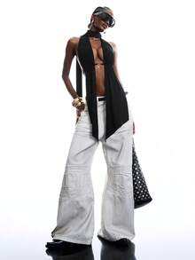 LYSMO 女士纯色开衩性感吊带上衣 - 黑色 - 查看 1