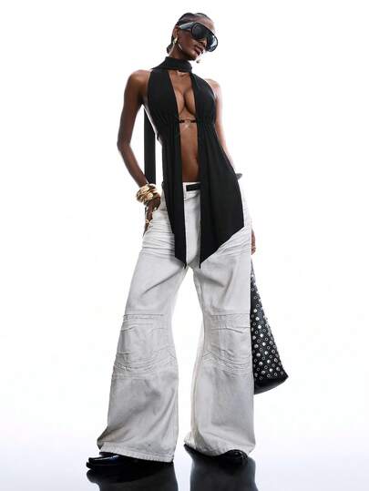 LYSMO Áo hai dây cổ yếm xẻ tà màu trơn dành cho nữ