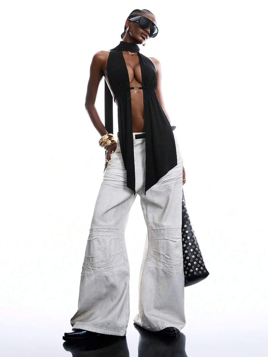 LYSMO 女士纯色开衩性感吊带上衣 - 黑色 - 查看 1