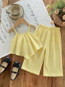 SHEIN LMoss Kids Bộ 2 món áo hai dây và quần dài dệt kim màu trơn cho bé gái - Màu vàng - Xem 4
