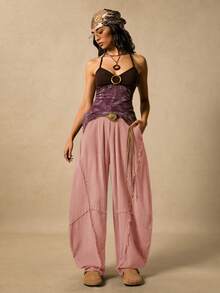Easelle Women's Solid Color Pocket Button Pleated Casual Versatile Daily Wear Pants - Dusty Pink - View 9