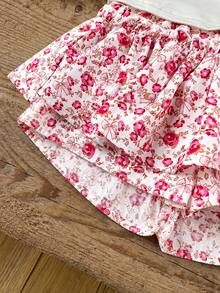 LMoss Kids LMoss 2pcs Baby Girl Knitted Bow Decor Camisole Top And Floral Ruffle Hem Skort Set Clothes Ootd For Summer Outfit Sets - Multicolor - View 4