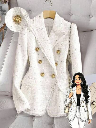 GlowEve CURVE Plus Size Double-Breasted Fringe Trim Elegant Office Wear Long Sleeve Blazer Fall Cloth For Women Autumn