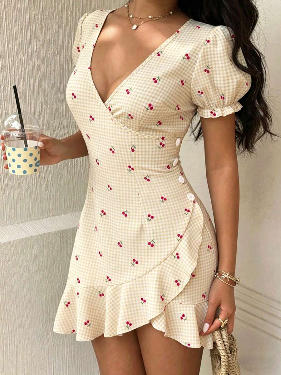 Sunnyshic 女士樱桃印花V领荷叶边迷你连衣裙 - 杏色 - 查看 1