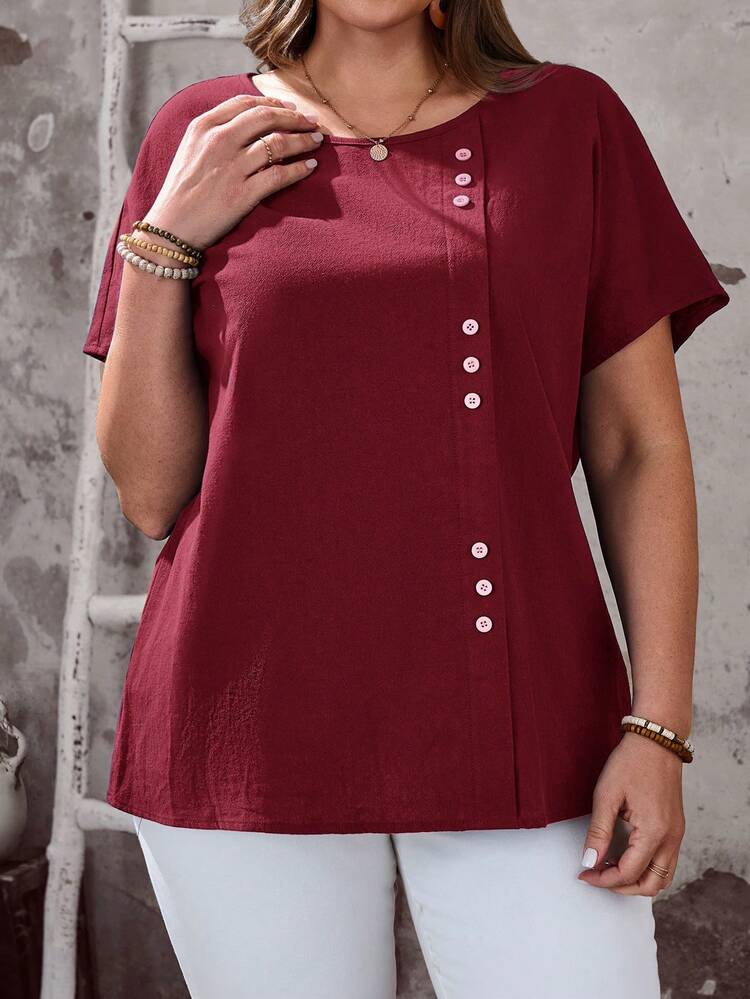 Plus Size Women's Summer Casual Vacation Country Round Neck Short Sleeve Button Decor Solid Color Red Blouse Shirt Top, Summer/Vacation,Holiday,Spring Break,Going Out,2026 New,Simple And Fashionable For Everyday Wear,Comfortable And Breathable,Vacation, Daily Wear, Festival Outfits For Women,Country Concert Outfit,Beach Outfits For Women,Western Style