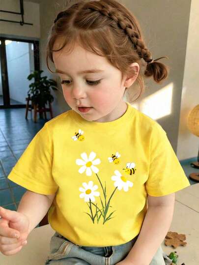 Infant & Baby GirlCasual Fashionable Creative Cute Bee, Flower, Daisy Graphic Print Short Sleeve T-Shirt, Comfortable Daily Wear For Spring, Summer, Autumn