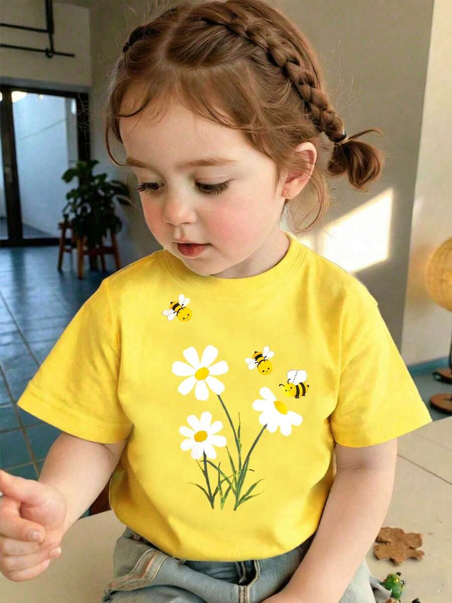 Baby Girl Casual Fashionable Creative Cute Bee, Flower, Daisy Graphic Print Short Sleeve T-Shirt, Comfortable Daily Wear For Spring, Summer, Autumn - Hot Pink - View 1