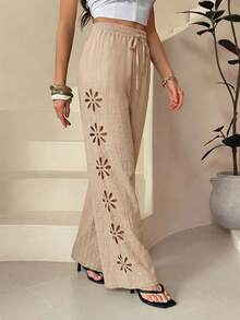 SHEIN Tall Quần dài nữ mùa đông màu đen, kiểu dáng thường ngày, màu trơn, khoét lỗ, thích hợp cho kỳ nghỉ. - Màu Khaki - Xem 6
