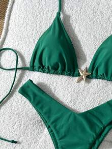 Swim Mod Conjunto de bikini de unicolor con tirantes finos y decoración metálica, sexy para mujer. Conjunto de bikini de verano de 2 piezas para mujer, traje de baño verde, conjunto de bikinis para mujer, conjunto de bikini con efecto push-up - Verde - Ver 5