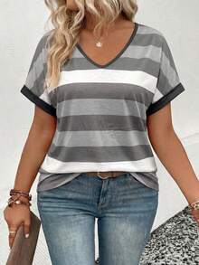 Selamara New Arrival Plus Size Women's Fashion Colorful Striped V-Neck Short Sleeve T-Shirt - Multicolor - View 3
