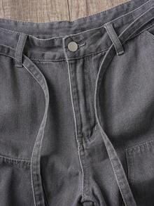 Manfinity Joysei Quần short denim nam màu xám, nhiều túi, cạp chun, kiểu dáng đường phố. - Màu xám đen - Xem 4