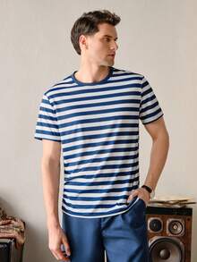 VeloEdit Navy Blue Color Men's Striped Print Round Neck Short Sleeve Casual T-Shirt Old Money, With Contrast Binding, Partywear & Boyfriend Summer - Navy Blue - View 8