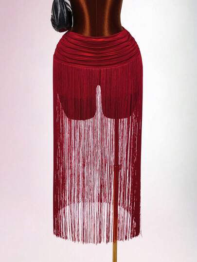 Amplova Women's Fashion Pleated Maxi Skirt Shorts With Tassel, Solid Color Beach Vacation Style