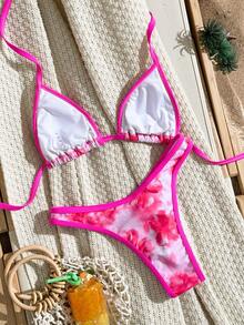 Swim Vcay 2026 New Spring/Summer Women 2pcs/Set Random Printed Striped Triangle Bikini Bottoms Beach Vacation Casual Sexy Swimwear Set Golf White - Pink - View 2