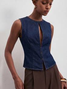 ATUI Studio Blusa vaquera casual sin mangas de cuello redondo y calada de unicolor para mujer - Azul Marino - Ver 2