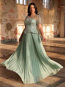 Aureia Plus Size Elegant Luxurious Light Green Chiffon Pleated Flared Sexy Mesh Sequins Rhinestones Decorated Dress, Suitable For Wedding, Party, Prom, Banquet (Intricate Design) - Mint Green - View 7
