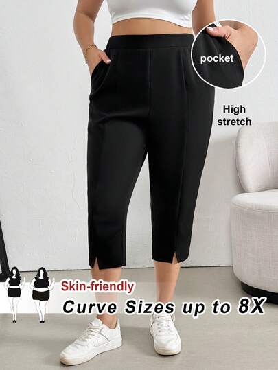 SHEIN CURVE+ 大码女式夏季休闲宽松弹力腰开衩七分裤，夏季女装，女士下装，黑色裤子，工作裤，夏季套装，女士七分裤，长款短裤，教师服装