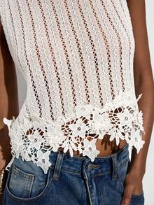 MAIJA 波西米亚风条纹镂空针织蕾丝边无袖度假背心 - 白色 - 查看 8